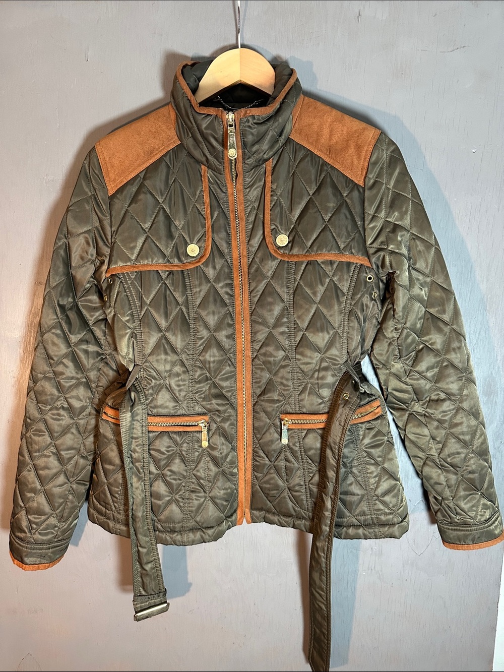 Vince Camuto Olive Quilted Puffer Jacket with Brown Trim